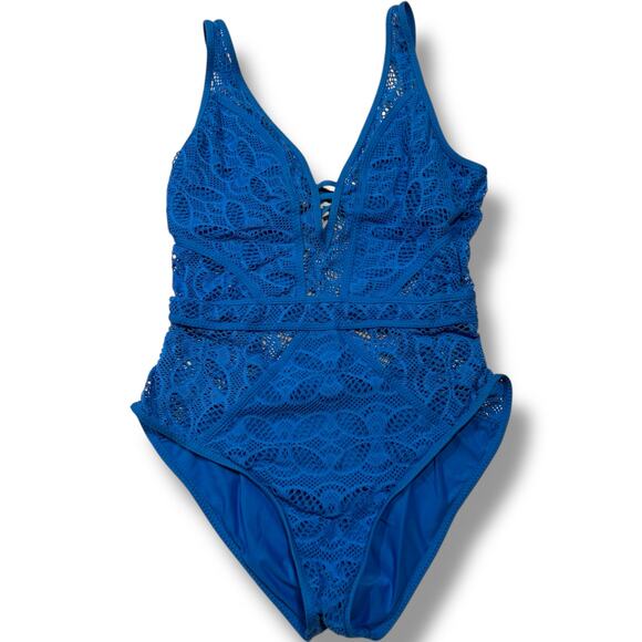 Becca by Rebecca Virtue Play Show & Tell Crochet Plunge Neck Lagoon Blue Large - Picture 3 of 5